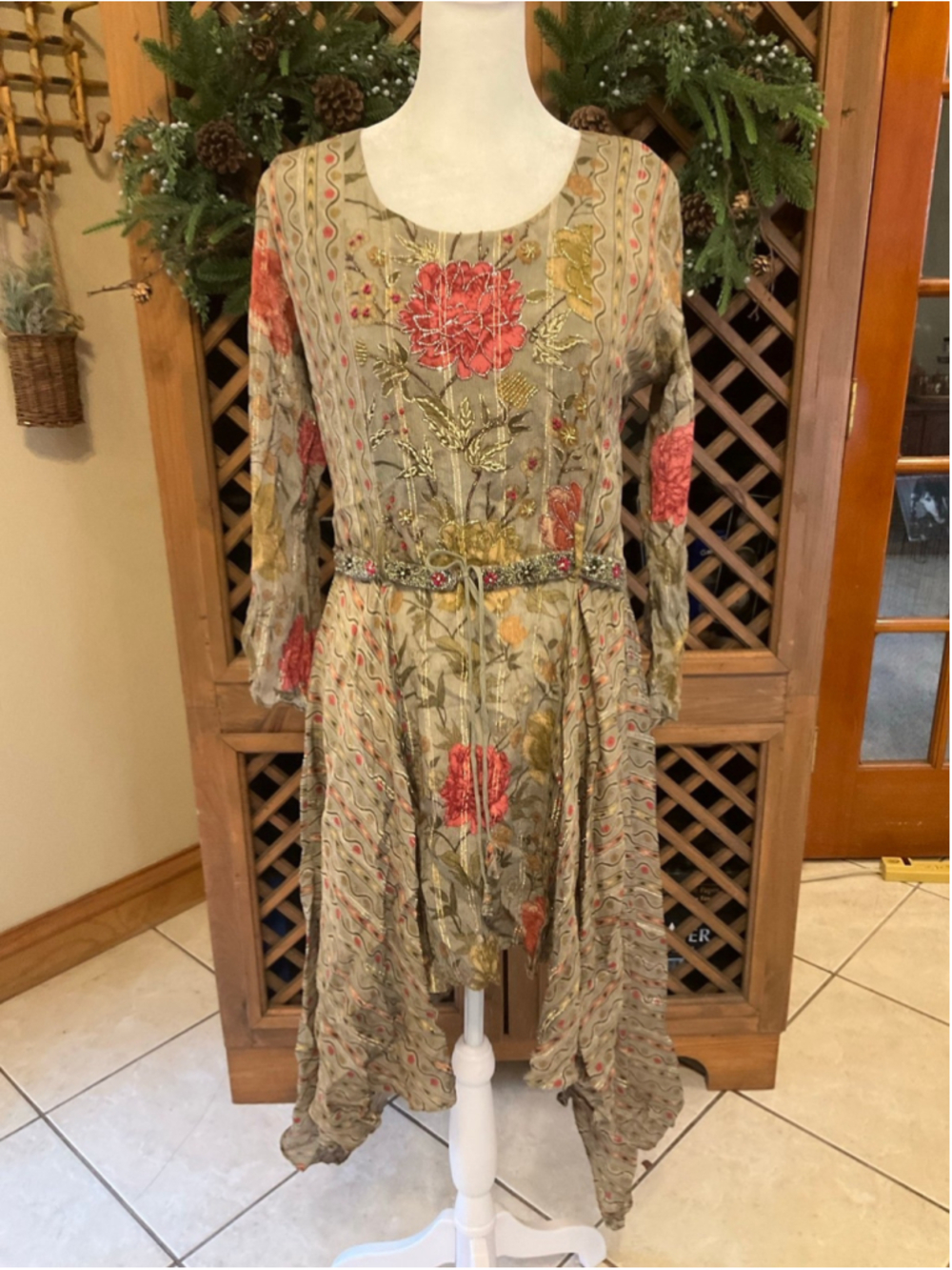 Fairy Grunge Forest Embroidered Floral Beaded Boho Asymmetrical Dress Small